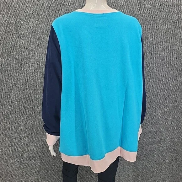 Lands End Serious Sweats Sweatshirt 1X Plus Size Teal Colorblock Print Pullover - Picture 6 of 10